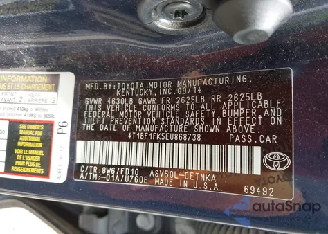 2014 Toyota Camry Le from USA, damaged, VIN 4T1BF1FK5EU868738